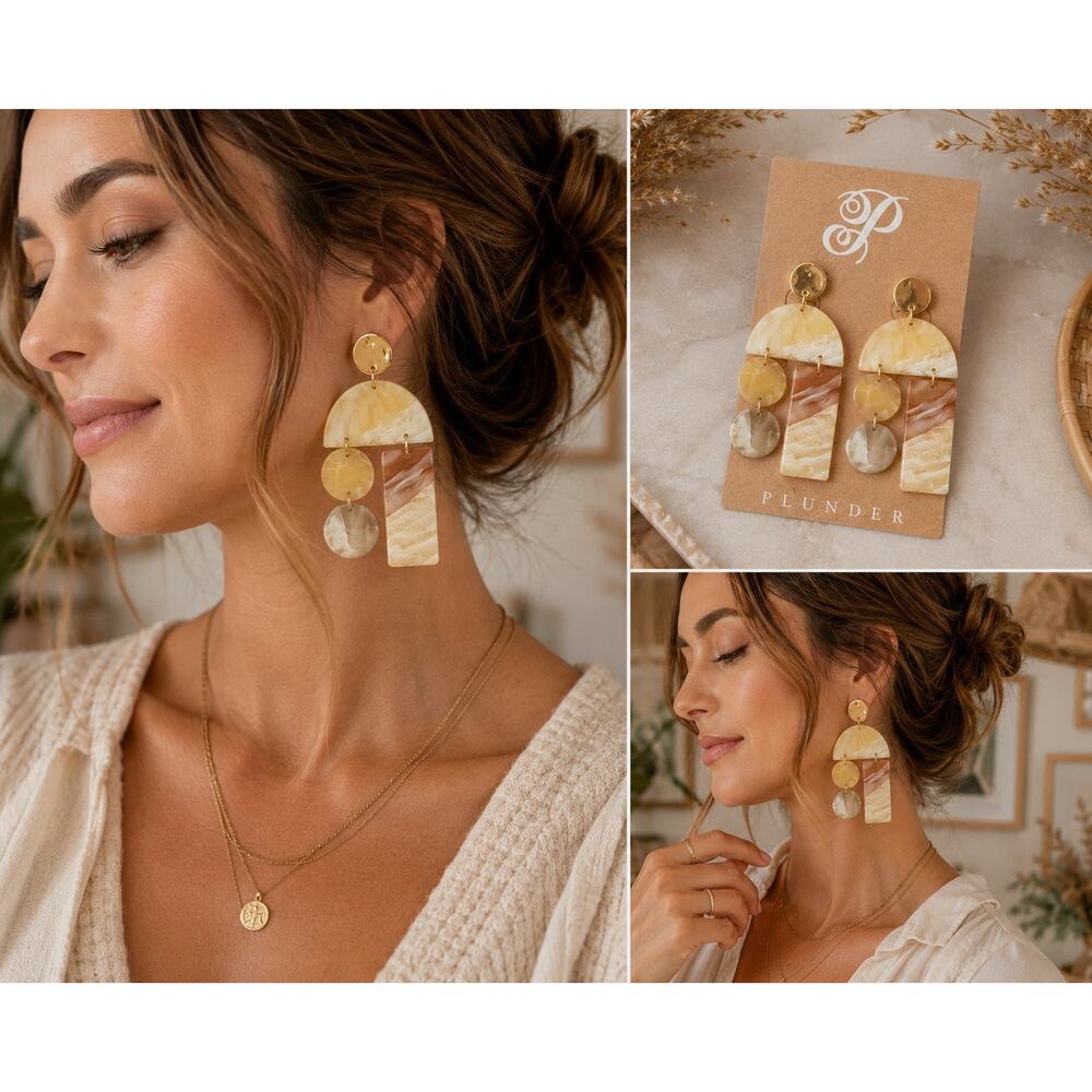 NWT Plunder Abstract Acrylic Statement Earrings Neutral Geometric Dangle